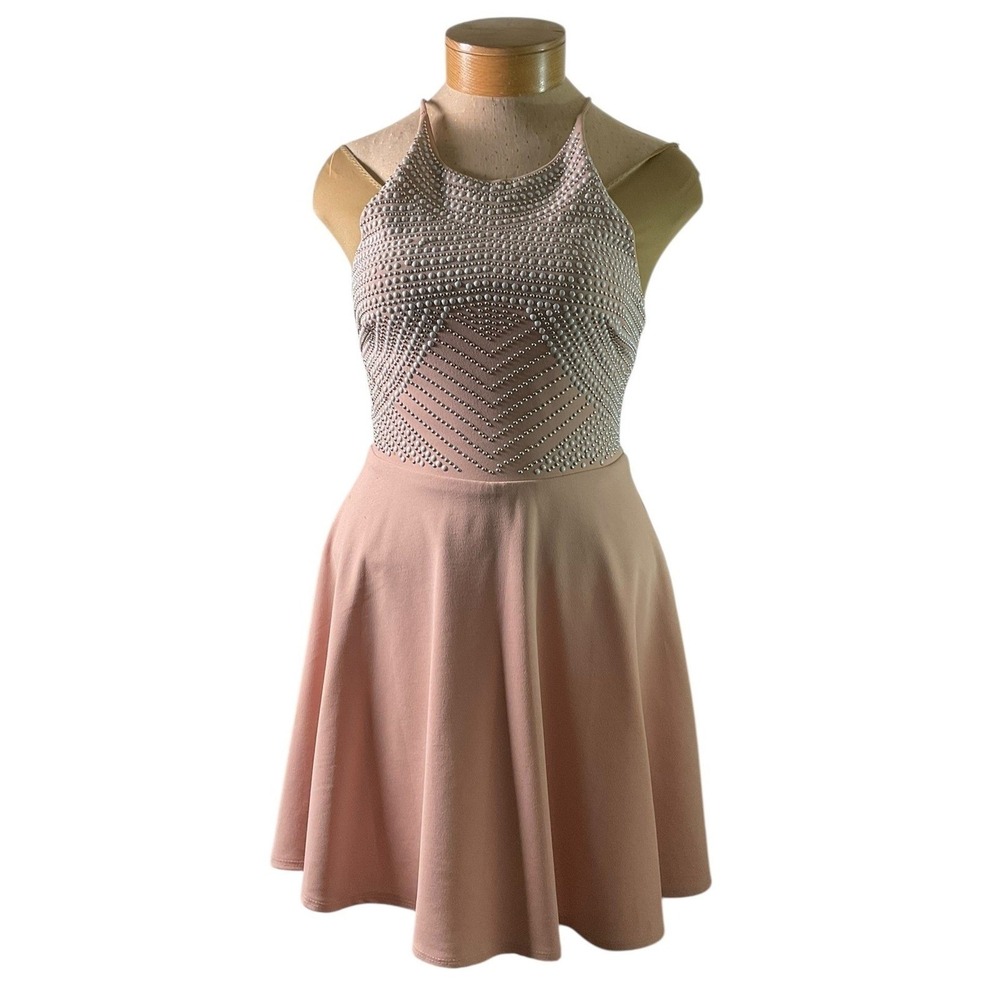 B. Darlin Womens Pink Studded Pearl Halter Fit & Flare Skater Dress Size 11/12 - Picture 2 of 9